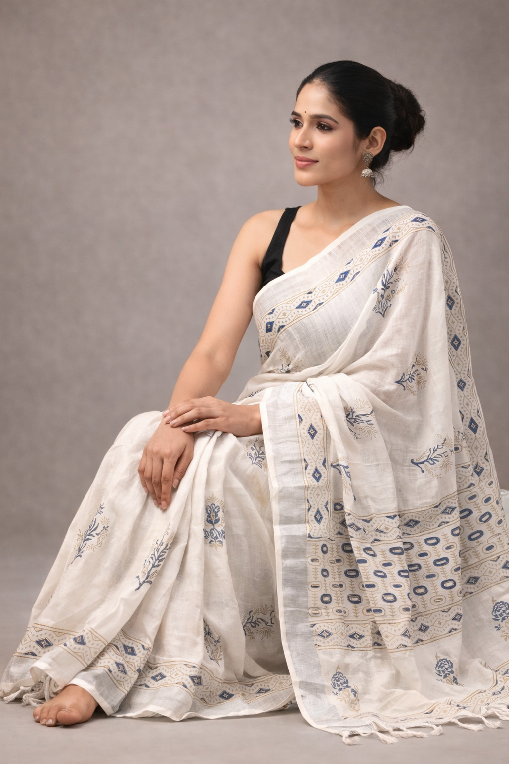 White Cotton Linen Saree