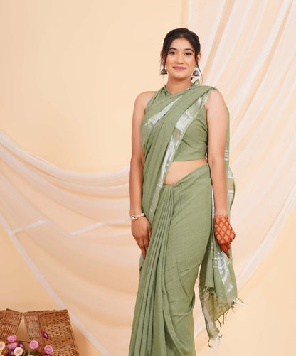 Green Linen Saree with Silver Border