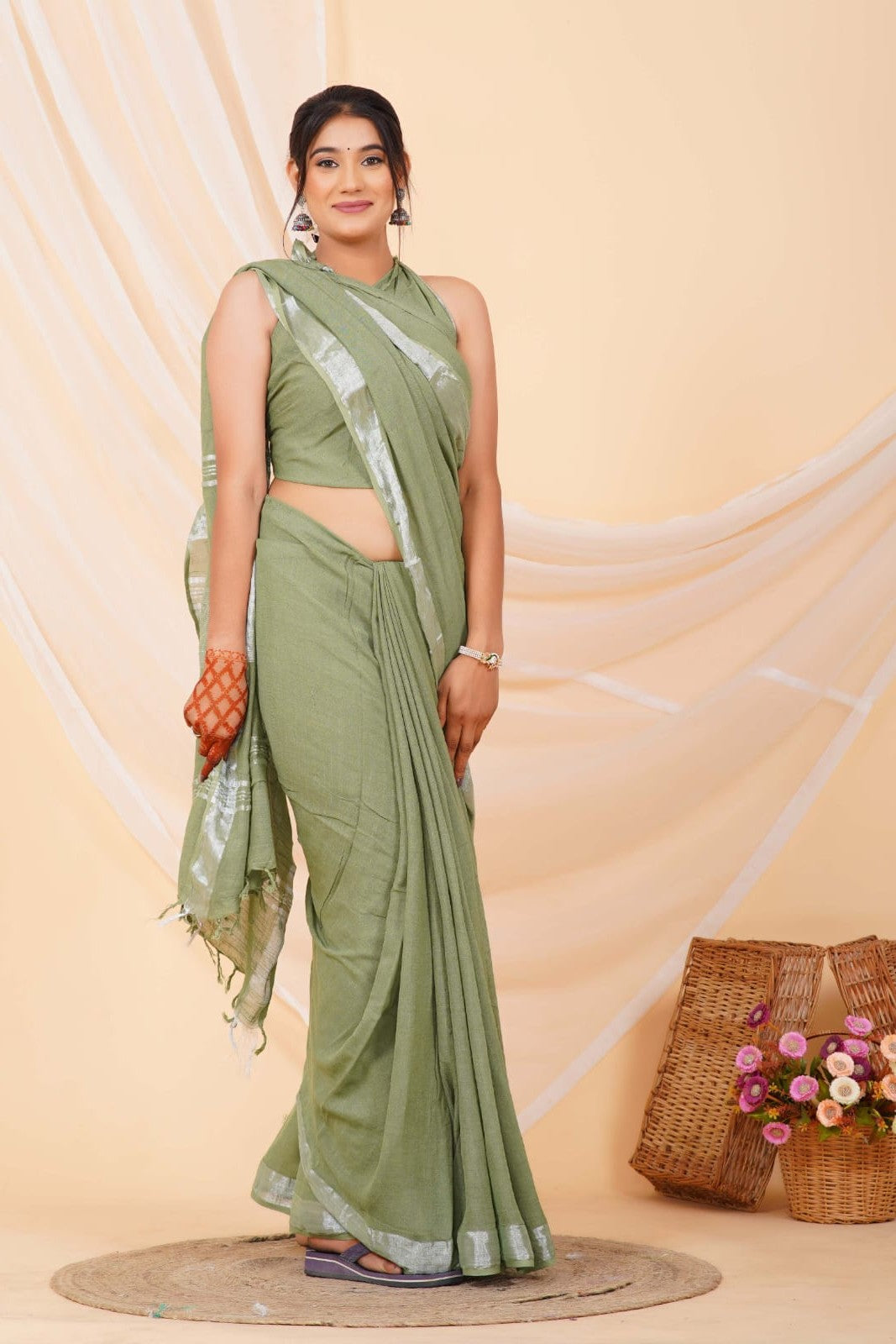 Green Linen Saree with Silver Border