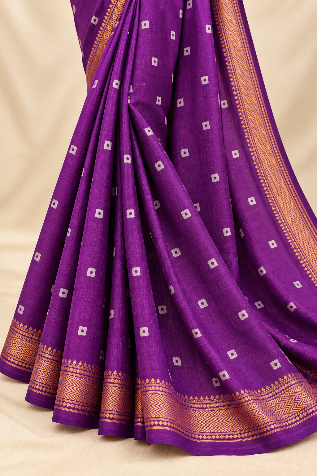 Purple Handblock Maheshwari Silk Saree With Golden Border