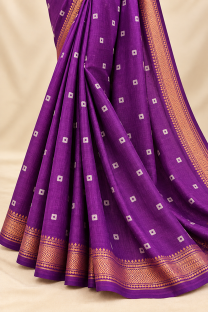 Purple Handblock Maheshwari Silk Saree With Golden Border