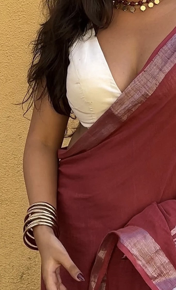 Maroon Plain Linen Saree