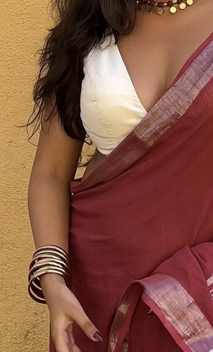 Maroon Plain Linen Saree
