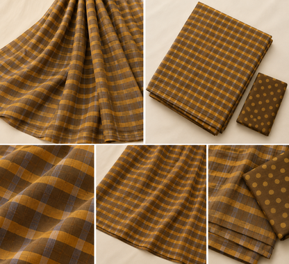 Mustard Brown Gingham Checks Mul Cotton Saree