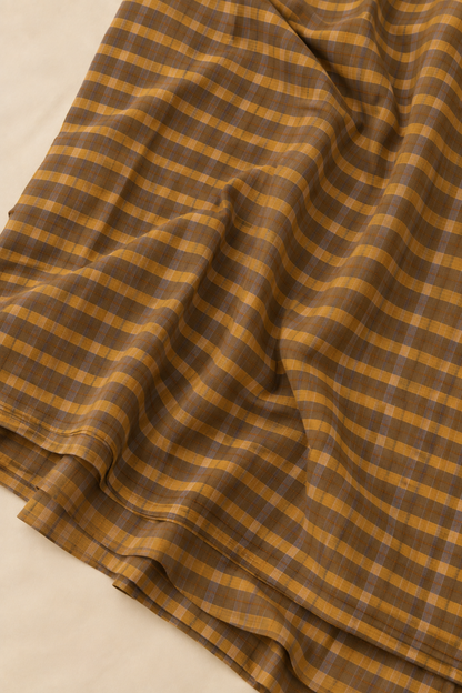 Mustard Brown Gingham Checks Mul Cotton Saree