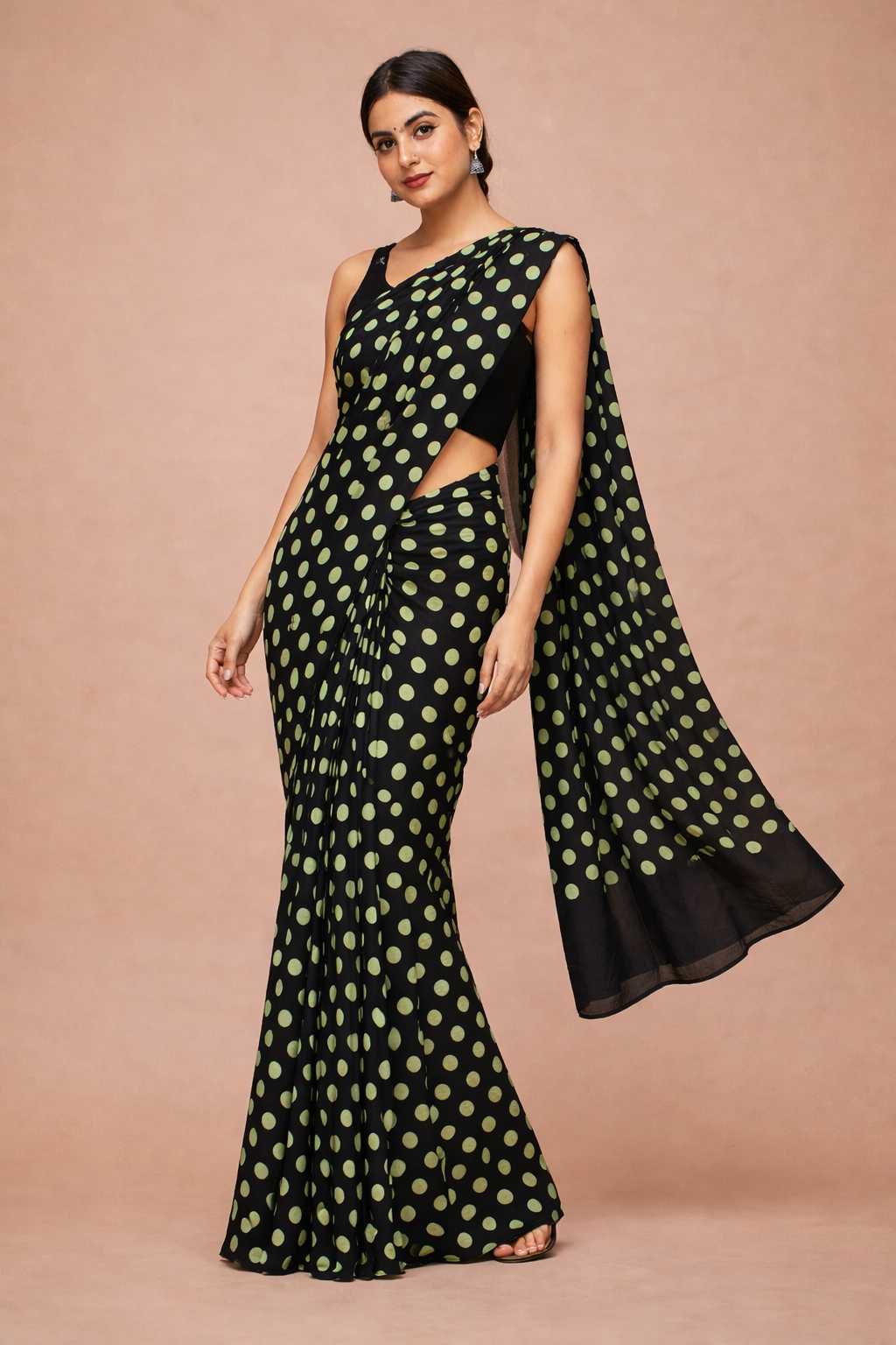 Black Pistachio Polka Dot Mul Cotton Saree