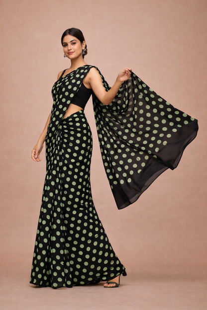 Black Pistachio Polka Dot Mul Cotton Saree