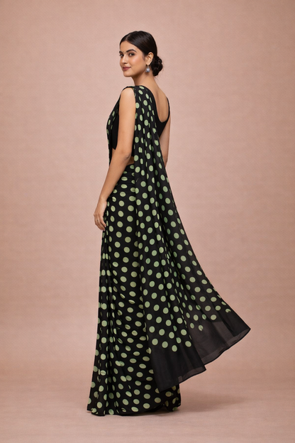 Black Pistachio Polka Dot Mul Cotton Saree