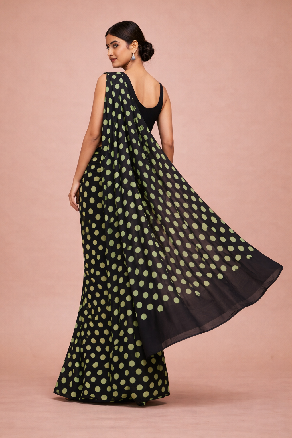 Black Pistachio Polka Dot Mul Cotton Saree