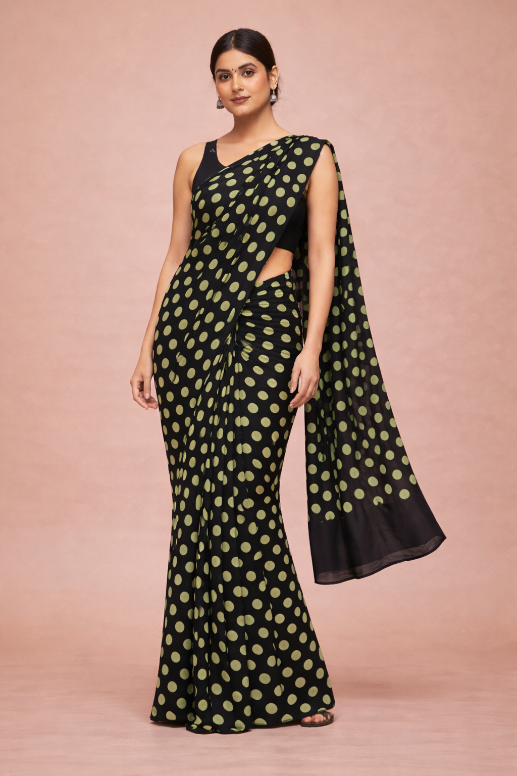 Black Pistachio Polka Dot Mul Cotton Saree