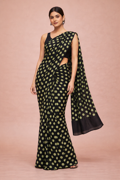 Black Pistachio Polka Dot Mul Cotton Saree