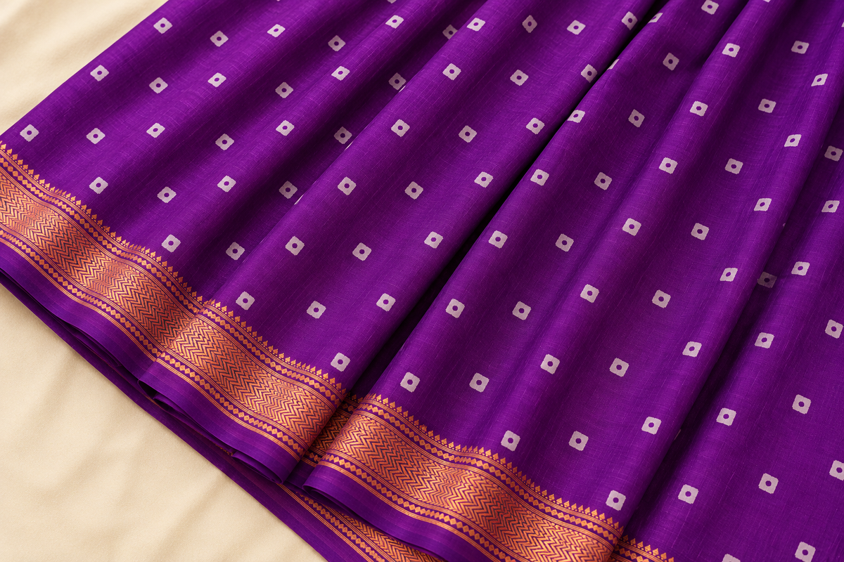 Purple Handblock Maheshwari Silk Saree With Golden Border