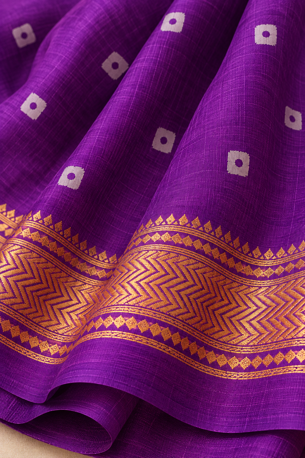 Purple Handblock Maheshwari Silk Saree With Golden Border