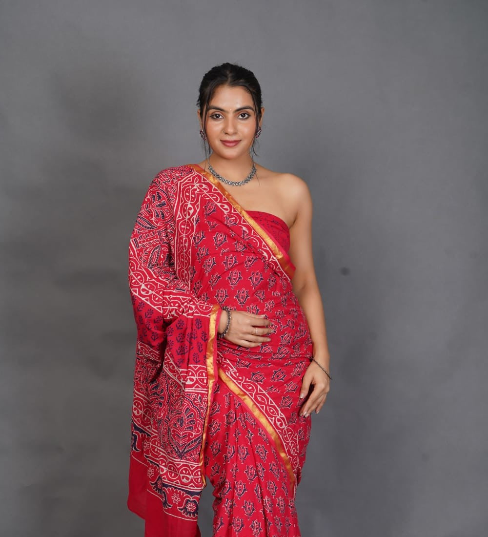 Red Ajrakh-Inspired Pure Cotton Saree
