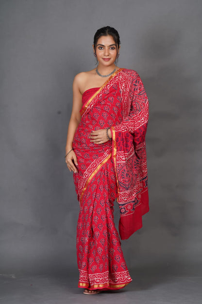 Red Ajrakh-Inspired Pure Cotton Saree