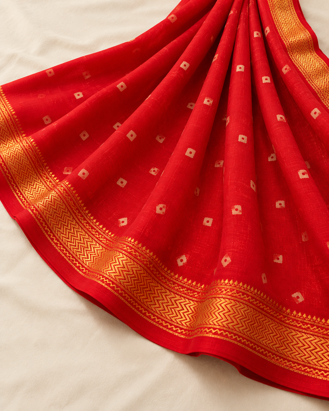 Red Maheshwari Silk Saree With Golden Woven Border