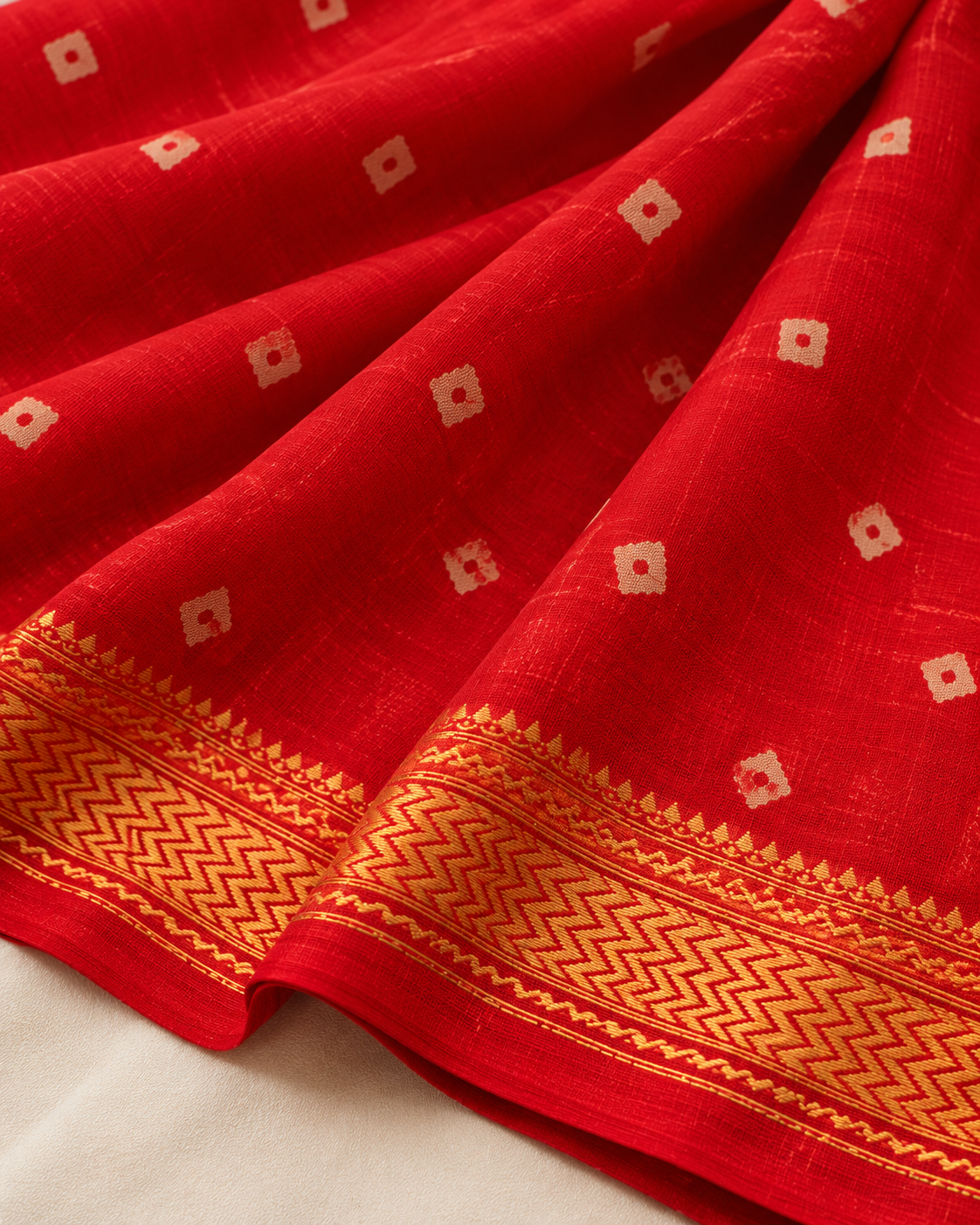 Red Maheshwari Silk Saree With Golden Woven Border