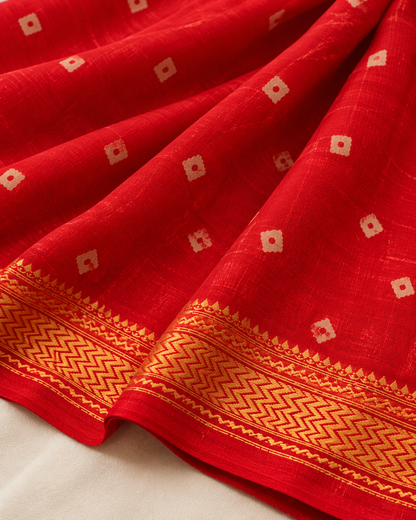 Red Maheshwari Silk Saree With Golden Woven Border
