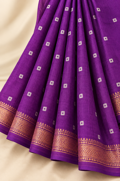 Purple Handblock Maheshwari Silk Saree With Golden Border