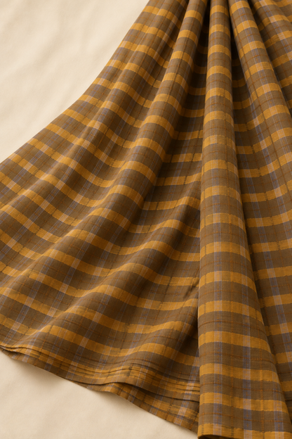 Mustard Brown Gingham Checks Mul Cotton Saree