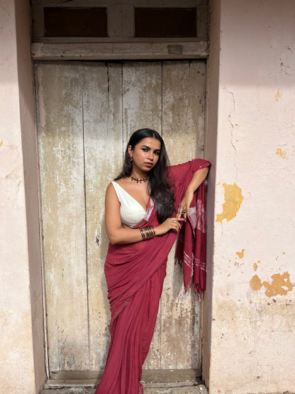 Maroon Plain Linen Saree