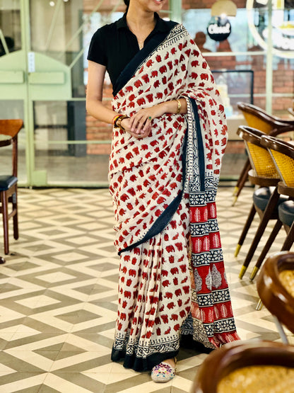 Cream & Rust Elephant Print Mul Cotton Saree