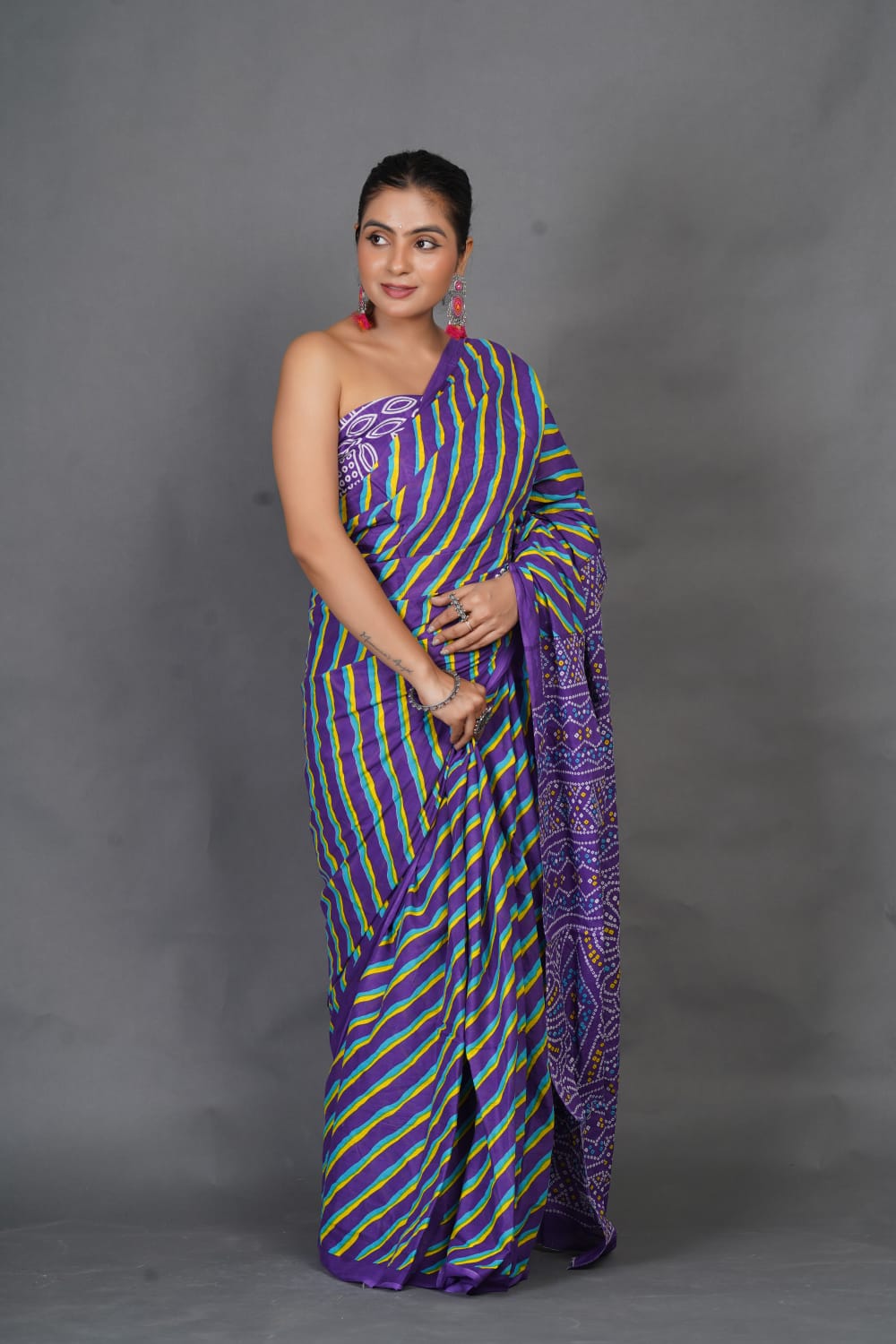 Purple Multicolor Striped Mul Cotton Saree