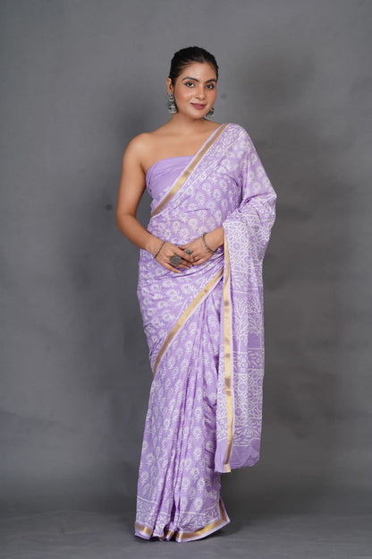 Lavender Handblock Pure Cotton Saree With Golden Zari Border