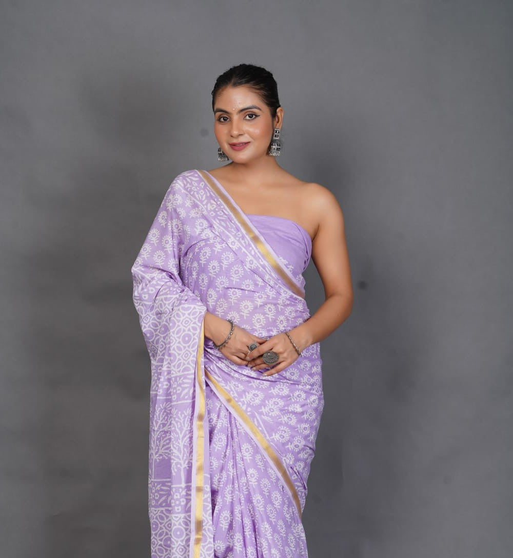 Lavender Handblock Pure Cotton Saree With Golden Zari Border