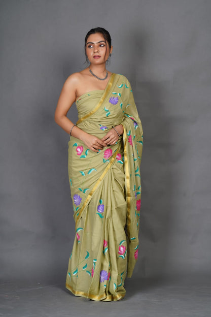 Sage Green Floral Pure Cotton Saree With Zari Border