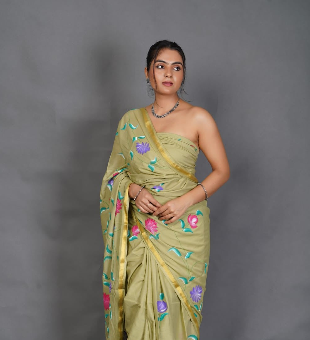 Sage Green Floral Pure Cotton Saree With Zari Border