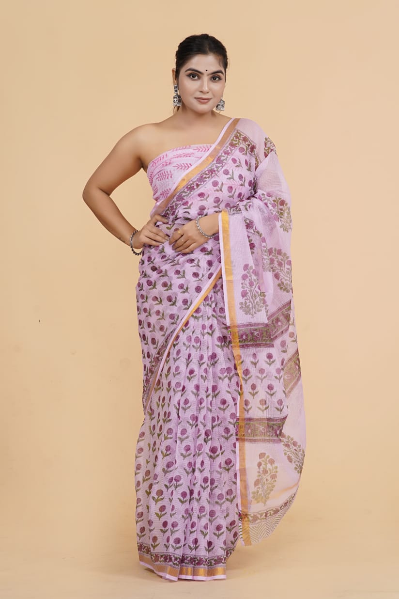 Light Pink Floral Kota Doriya Saree With Golden Border