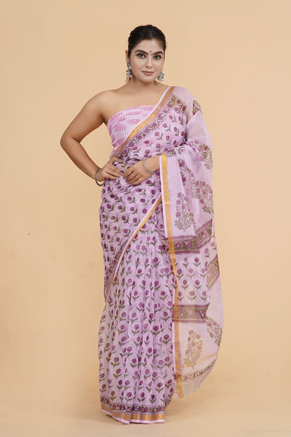 Light Pink Floral Kota Doriya Saree With Golden Border