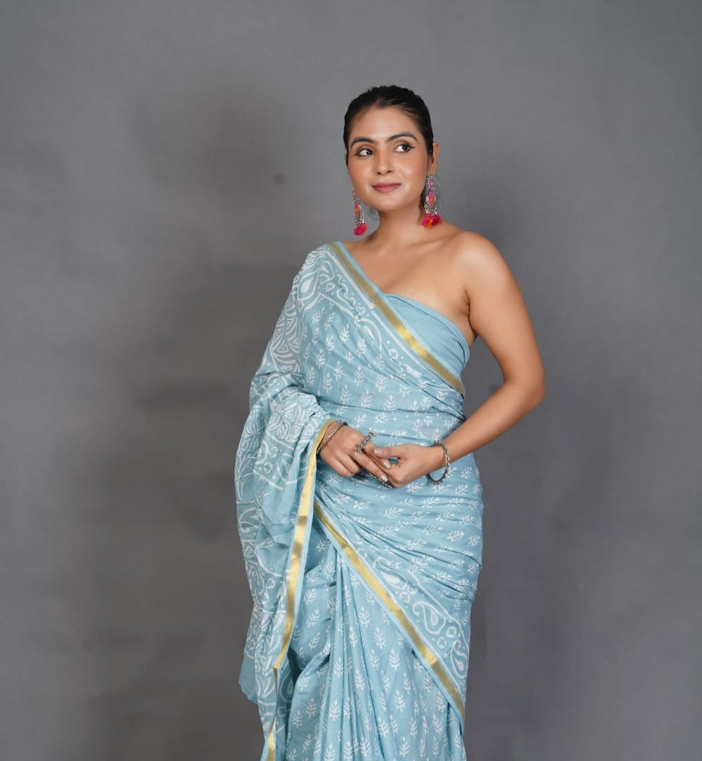 Powder Blue Handblock Pure Cotton Saree With Zari Border