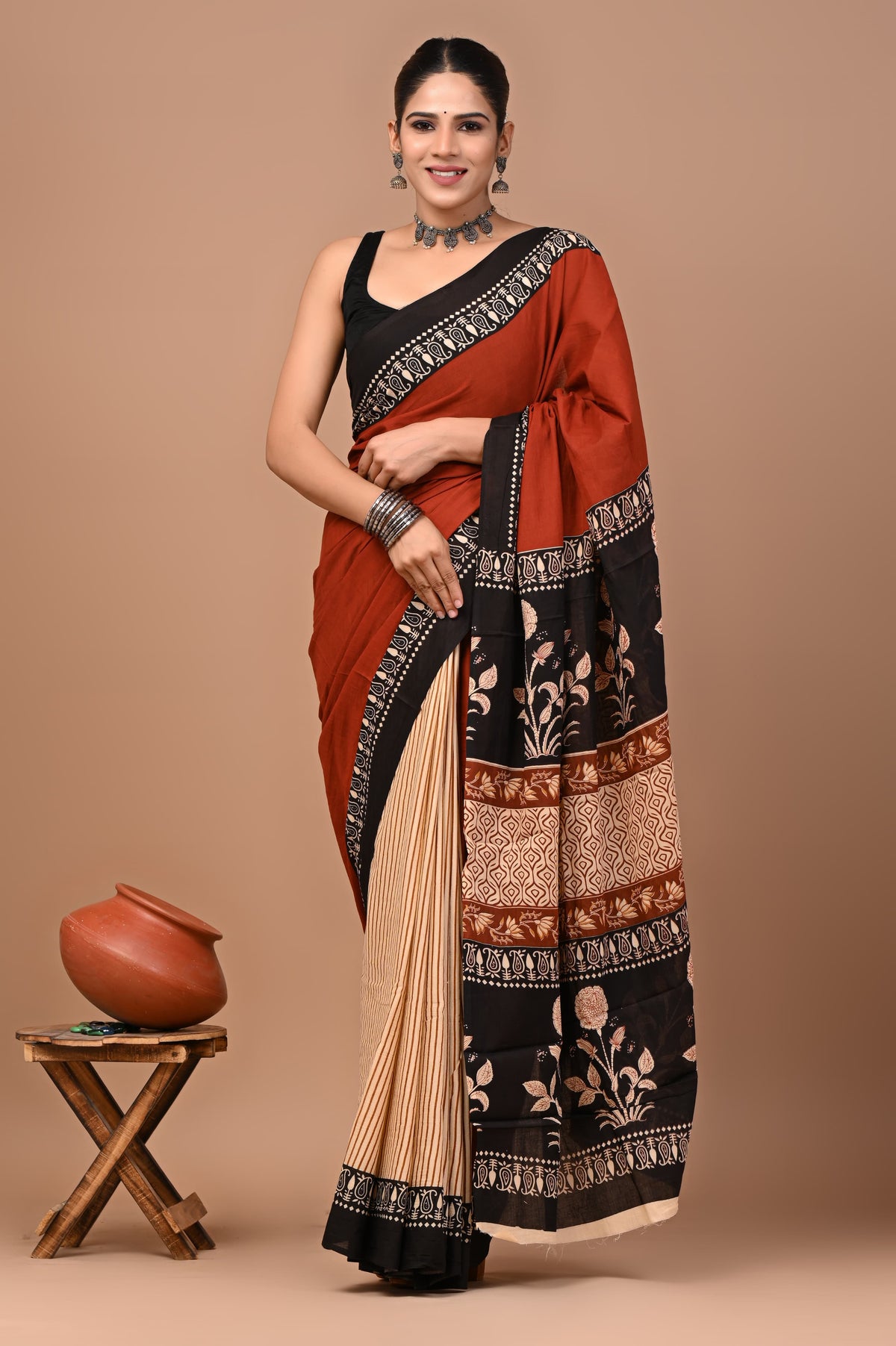 Rustic Terracotta Floral Mul Cotton Saree