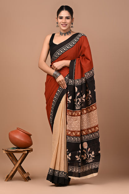 Rustic Terracotta Floral Mul Cotton Saree