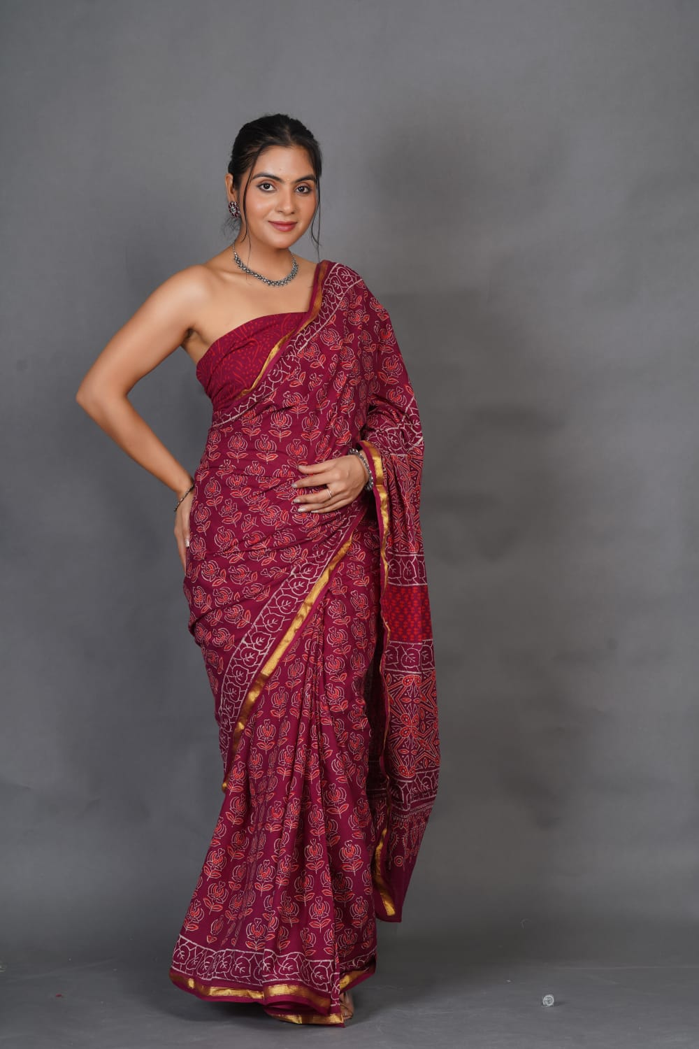 Maroon Pure Cotton Saree With Zari Border