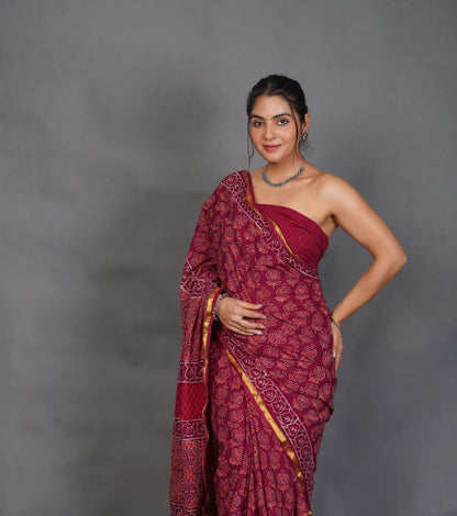Maroon Pure Cotton Saree With Zari Border