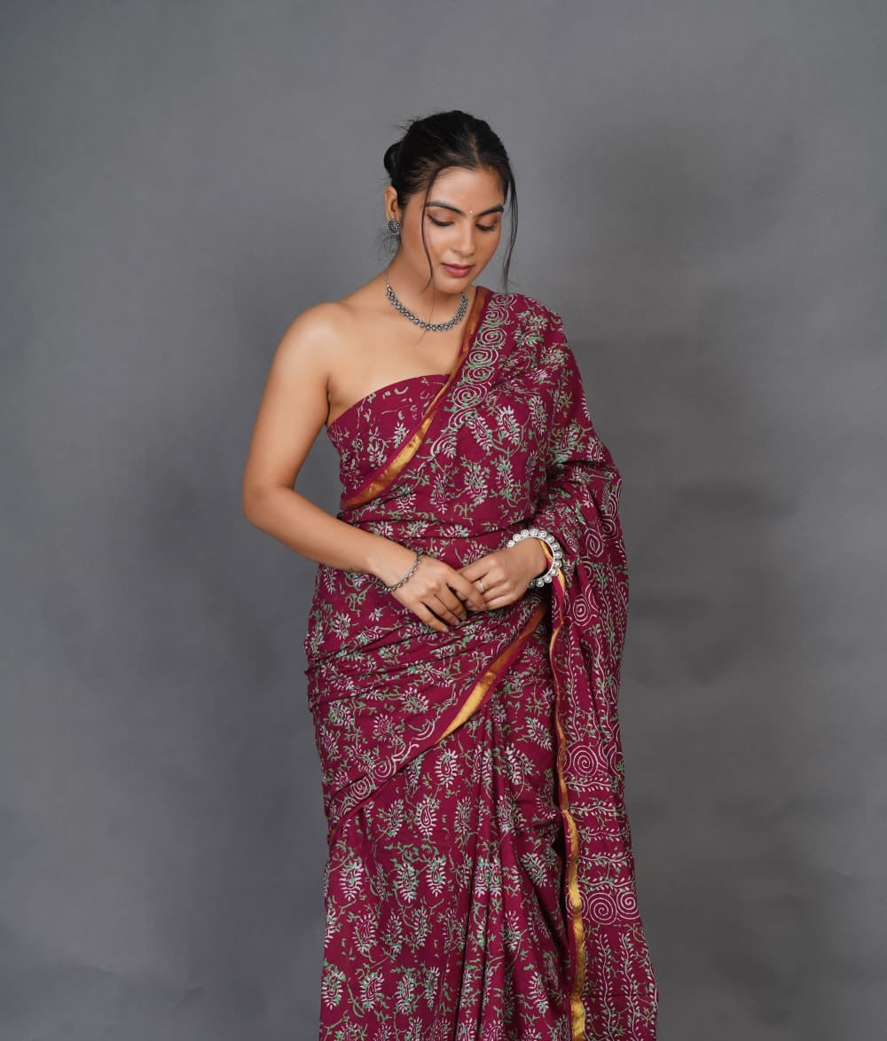 Maroon Floral Pure Cotton Saree With Golden Border