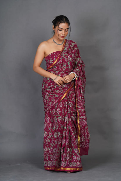 Maroon Floral Pure Cotton Saree With Golden Border
