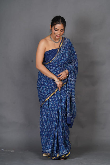 Blue Pure Cotton Saree With Zari Border