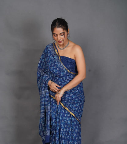 Blue Pure Cotton Saree With Zari Border