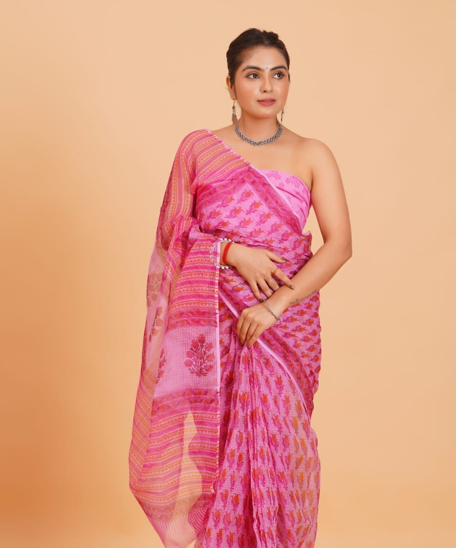 Pink Floral Kota Doriya Saree