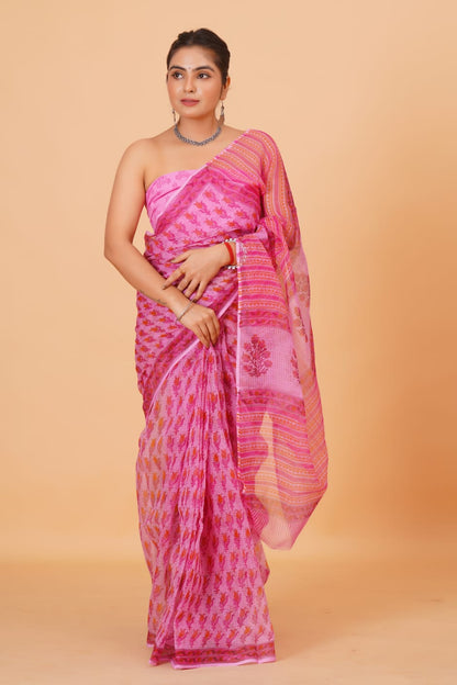 Pink Floral Kota Doriya Saree