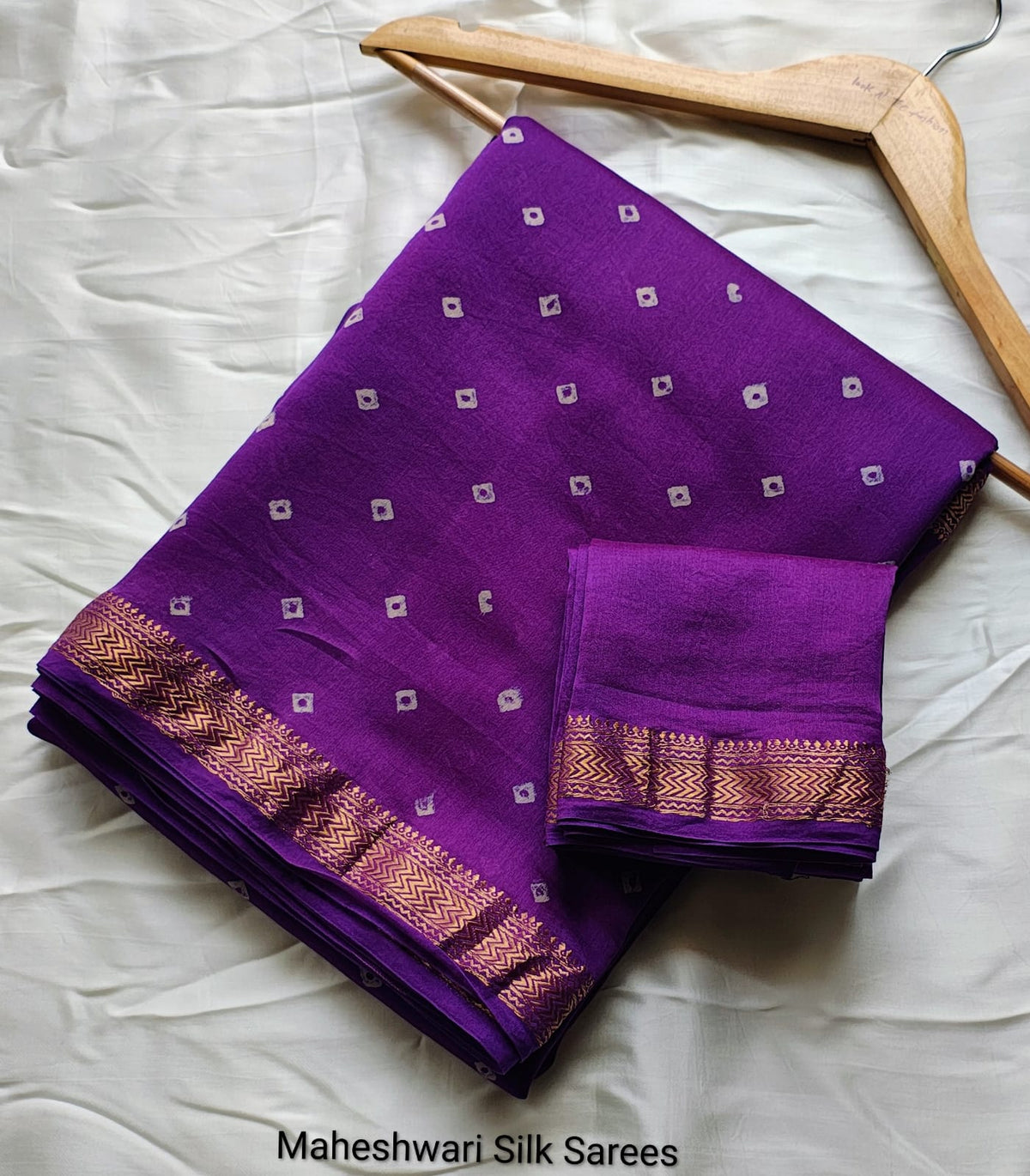 Purple Handblock Maheshwari Silk Saree With Golden Border