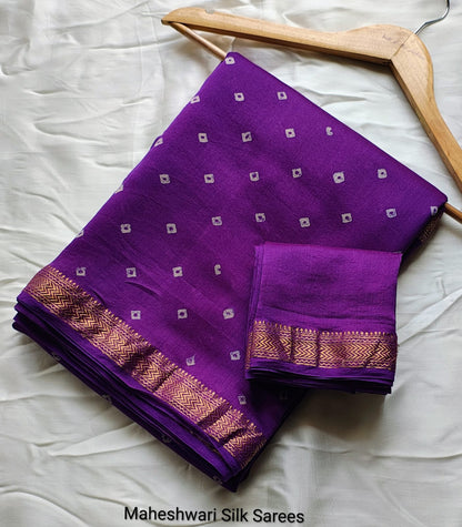 Purple Handblock Maheshwari Silk Saree With Golden Border