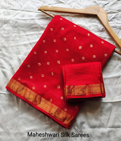 Red Maheshwari Silk Saree With Golden Woven Border