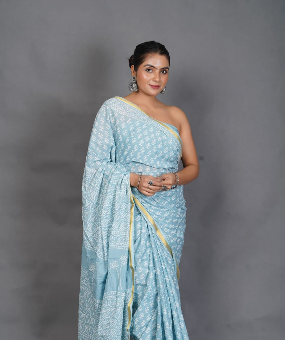 Pure Cotton Saree With Golden Jari Border