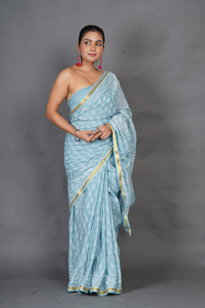 Powder Blue Handblock Pure Cotton Saree With Zari Border